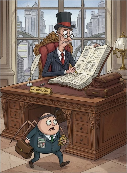 Daddy Long Legs at the CEO desk, overseeing financial operations