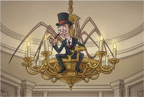 Daddy Long Legs hanging from a chandelier in the original garage office