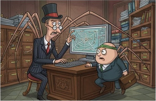 Daddy Long Legs working at a computer, managing financial products